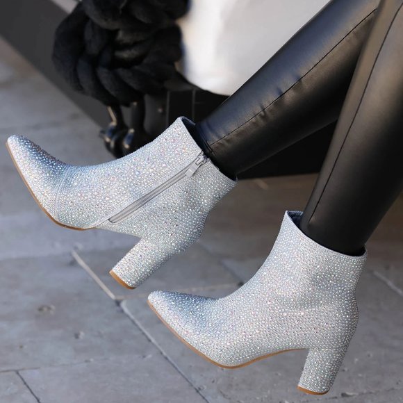 NEW🔥 Bling Silver Rhinestone Crystal Block Heel Ankle Booties Boots Pointed Toe - Picture 6 of 10